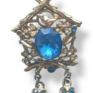 Elegant Blue and Gold Birdhouse Brooch Vintage